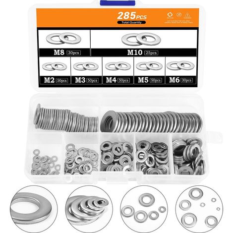 285 Pièces Rondelles Plates M2-M10 en Acier Inoxydable 304, Entretoises de Fixation pour Boulons et Vis, Usage Industriel et Automobile (1/4)