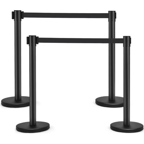 Ensemble de 4 potelets noirs en acier inoxydable avec sangles rétractables et bases stables pour églises, théâtres et salons (1/5)