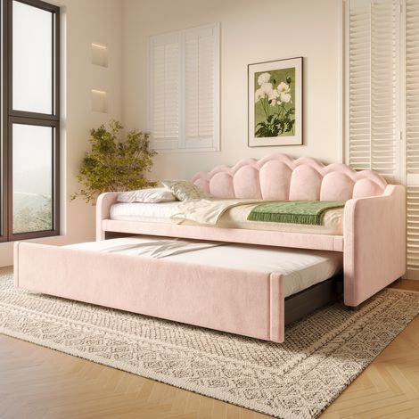 Sofá cama nido de terciopelo rosa con cama extraíble y LED 90x200 cm, extensible a 180x200 cm