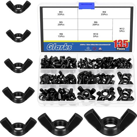 135 PCS m3 M4 M5 M8 M10 M12 kit de série d'écrous Papillon noir, 7 tailles d'écrous papillon en acier au carbone à haute résistance, fixations métriques à boulon papillon (1/5)