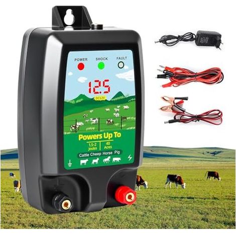 Dispositif de clôture électrique 12 V avec affichage LED, portée 15 km, 2 Joules, 12 kV, pour la protection des animaux de ferme, de la volaille, des pâturages et des jardins (1/5)