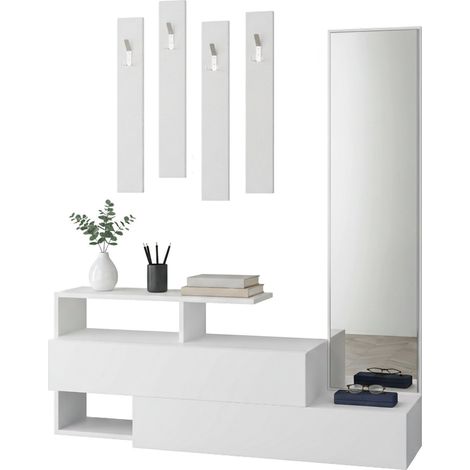 Dmora - Eingangsmöbel Atik, Moderner Eingang, Wandgarderobe, Multifunktions-Aufbewahrungskonsole, 137x35 h55 cm, Weiß