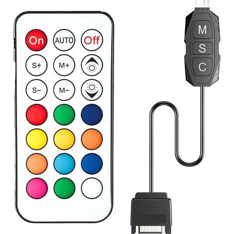 Contrôleur ARGB 5V 3 Broches, Mini Hub Ventilateur PC et Adaptateur d'Éclairage RGB avec Télécommande Sans Fil 21 Touches, Alimentation SATA pour Boîtier, Bande LED, Watercooling, Noir (1/5)