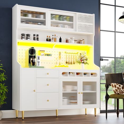 Buffet haut MDF et verre blanc 145 x 39 x 171 cm, LED par application, étagères réglables, rangement à vin (1/5)