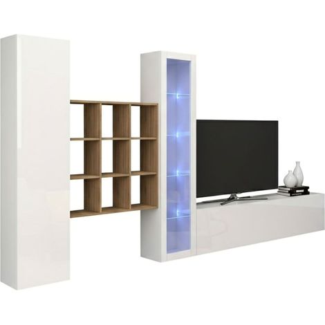 Dmora - Pared Equipada Dcolle, Conjunto de salón Mueble de TV con 3 puertas, Mueble de salón polivalente con vitrina y luz LED, 100% Made in Italy, cm 310x30h180, Blanco brillo y Arce