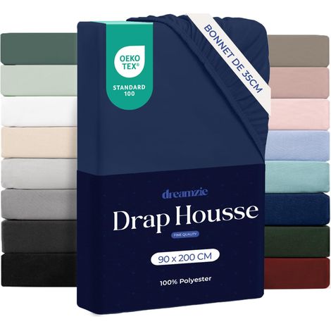Drap Housse 90x200cm Grand Bonnet 35cm Bleu Foncé (1/5)
