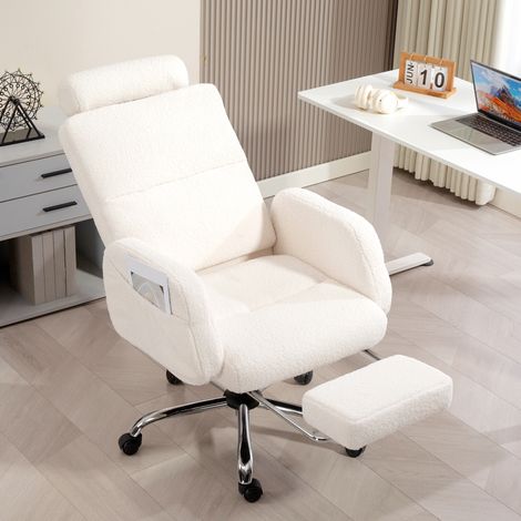 Silla de Escritorio con Reposapiés Tapizada en Borreguito con Respaldo Reclinable Reposacabezas Ajustable Crema (1/5)