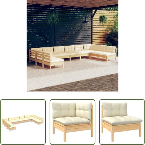 Terrassensofa - 10-tlg. Garten-Lounge-Set mit Creme Kissen Massivholz Kiefer (1/5)