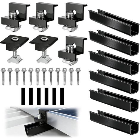 Support de Panneau Solaire pour Modules, Kit de 6 Pack Rails Aluminium 12cm avec 6 Pack Pinces Ajustables pour Modules de 30-35mm, Support pour Toit Trapézoïdal et Toit Plat (6) (1/5)