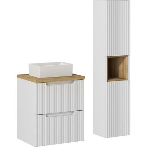 Conjunto de muebles con lavabo individual 50cm 2 cajones y columna Riva Blanco y Madera