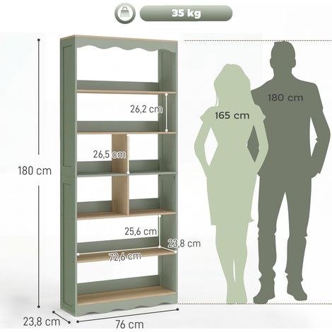 Bibliothèque, étagère de rangement à 6 niveaux avec 6 compartiments ouverts, 76 x 23,8 x 180 cm, bois naturel et vert (1/5)