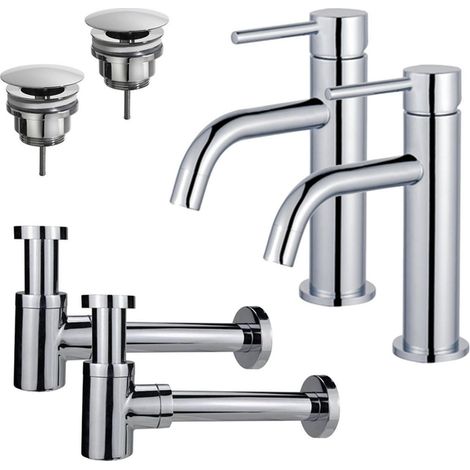 FugaFlow Eccelente Sobrado Slim Kit robinet lavabo - pour double vasque - robinet bas - bonde non-obturable - siphon design bas - Chrome brillant (1/4)
