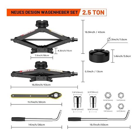 Cric Voiture Universel Crique Voiture avec Tampon Caoutchouc Portable Cric De Levage avec Clé pour Écrous De Roue Kit Automobile Noir (1/4)