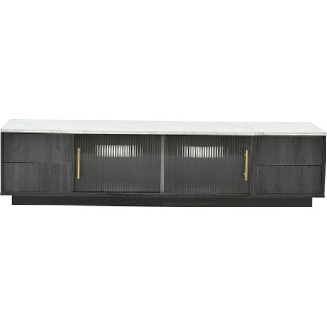 Meuble TV Deluxe de 160 cm pour téléviseur 70 pouces - Gris élégant, plateau marbré, système de rangement des câbles, tiroirs à ouverture par simple pression (1/5)