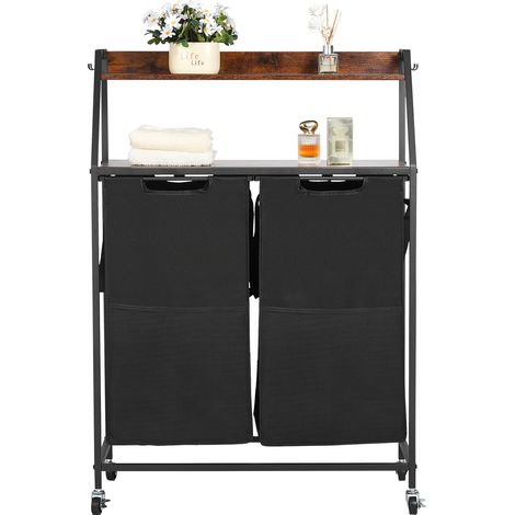 VEVOR Cesto Portabiancheria a 2 Ripiani, Cesto Portabiancheria con Ruote a 2 Scomparti, Separatore per Biancheria, Piano Superiore in Legno, Sacchetti in Tessuto Oxford 600D da Lavanderia, Bagno