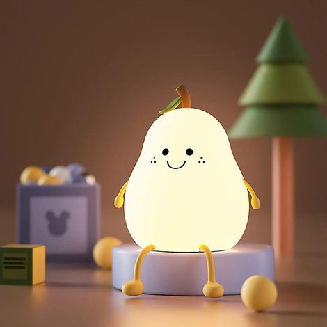 Lámpara de noche recargable de silicona de grado alimenticio con forma de pera de 1200 mAh para bebés, luz cálida de 2700 K, control táctil, 7 colores, temporizador. (1/2)