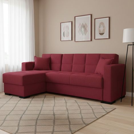 Dmora Schlafsofa Fernando, Eckschlafsofa mit umkehrbarer Halbinsel, Aufbewahrungssofa für Wohnzimmer mit chaiselongue und 2 Kissen, Cm 230x150h81, Rot (1/5)