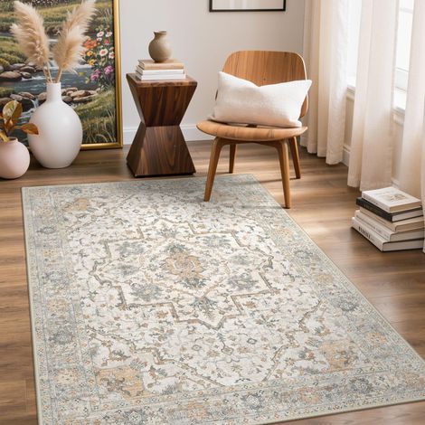 Tapis Salon Vintage 120x170cm Lavable en Machine Rug AntidéRapant Poil Ras, pour Chambre Salle a Manger Descente de Lit Bureau, Cuisine, Beige Mordoré Rétro (1/5)