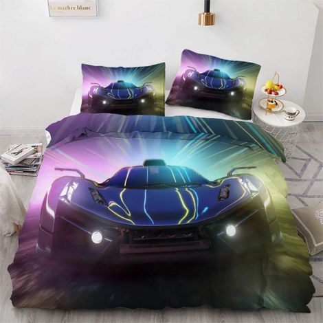 Bettwäsche-Set 220x240 cm 3-teilig mit 2 Kissenbezügen 80x80 cm, Mikrofaser, Rennwagen-Motiv