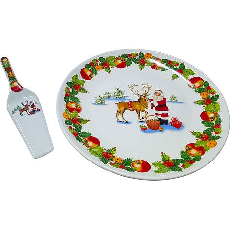 Piatto Natalizio per Dolci Panettone natale Torte con Paletta D 30 in Ceramica renna babbo natale idea regalo