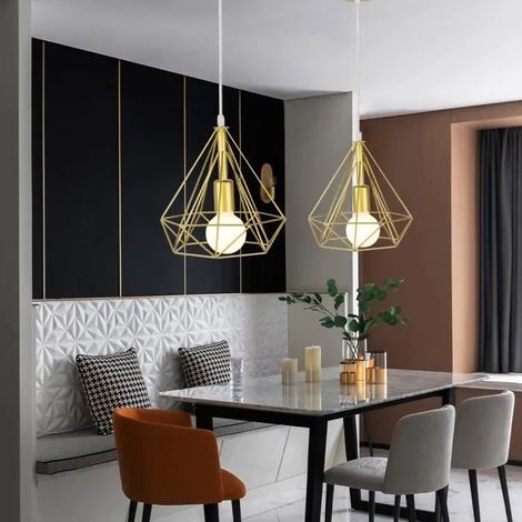 Yowei Lot de 2 Lampe Luminaire Moderne Vintage Or Lustre Suspension Industrielle en Diamant 25CM pour Salon Chambre (1/4)