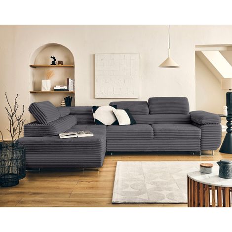 Zaria - ecksofa links 5-sitzer schlaffunktion und bettkasten und kopfstützen großer geripptem cord - grau