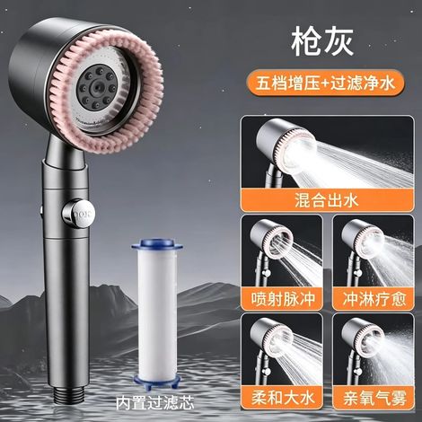 (Gris métallisé) Pommeau de douche spa à pression avec 5 modes de massage et filtre, haute pression, économie d'eau, arrêt automatique, douchette de salle de bain (1/5)