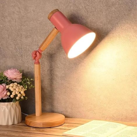 1PCS Lampe Bureau LED Vintage,Lampe de Table Nordique en Bois Avec Bras Réglable,Lampe Chevet Enfant Garçons Filles–Base E27 (Rose) (1/4)