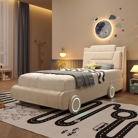 Lit enfant voiture 90x200 cm beige en velours avec tête de lit réglable et roues lumineuses (1/5)