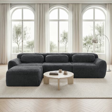 Divano angolare modulare a L in tessuto peluche grigio con cuscini, 291x179x73 cm (1/5)