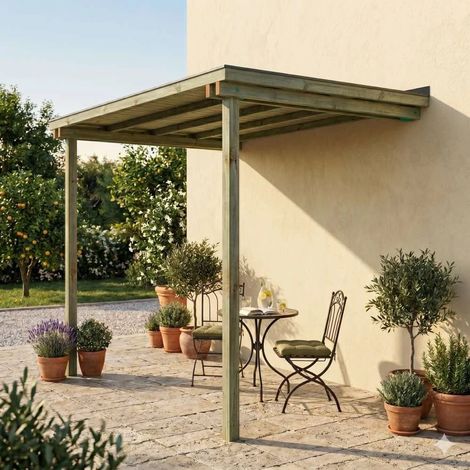 Pergola addossata in legno lamellare Sunwood 240x300 pino autoclave Classe 4 con perlinato e guaina ardesiata