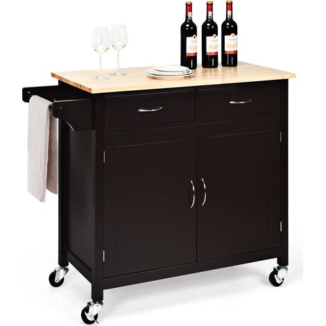 Kitchen Island Rolling Storage Trolley Cart Cupboard 2 Doors Cabinet W/2 Drawers (1/5)