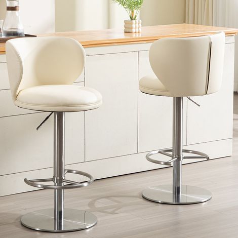 Taburete de bar de acero inoxidable blanco, giratorio, regulable en altura, con respaldo y asiento de piel,52.5×52.5×116cm (1/5)