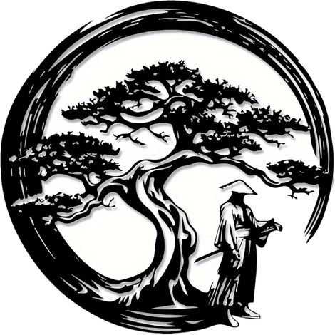 Décoration murale Bonsa japonais métal noir 40x40 cm, cercle Enso et samoura, zen pour méditation (1/4)