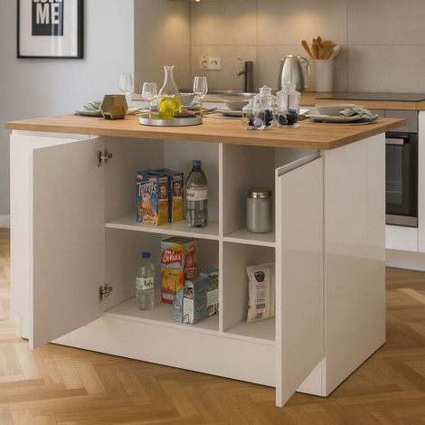 Dmora - Isla de cocina Patrizio, Mesa auxiliar de almacenaje, mueble de cocina de 3 puertas, 100% Made in Italy, 155x90h90 cm, Blanco brillo y roble, con embalaje reforzado