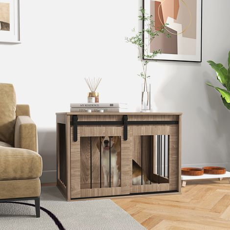 Cage caisse pour chien animaux intérieur porte coulissante, métal effet bois, dim. 57H x 80L x 54l cm (1/5)