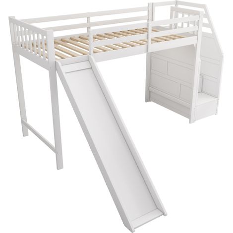 Cama alta infantil 90 x 200 cm con tobogán y escalera de almacenaje blanca MODENUIT (1/5)