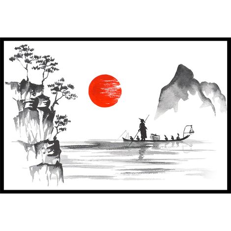 Affiche encadrée paysage poétique asiatique noir et blanc (1/5)