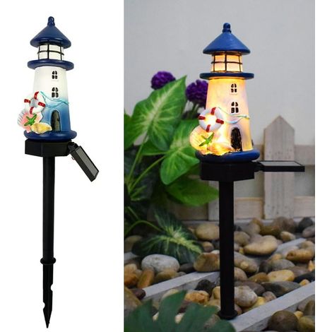 Lumières d'atmosphère du phare bleu et blanc solaire, lampe de plancher maison mignonne de résine décoration jardin et cour, Lumières LED sans fil du crépuscule à l'aube imperméables. (1/5)