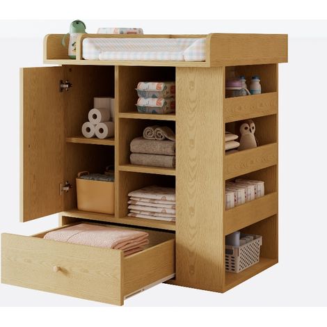 Wickelkommode mit Schublade und Schrank, Wickeltisch mit Trennwänden und Handtuchhalter, viel Stauraum, 91x76,5x100 cm, Naturholzoptik (1/5)