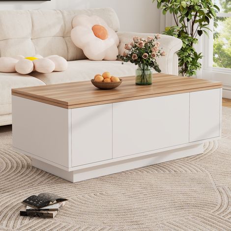 Mesa de centro de aglomerado 100 x 50 x 55,5 cm blanca y madera, doble tablero elevable con almacenaje (1/5)