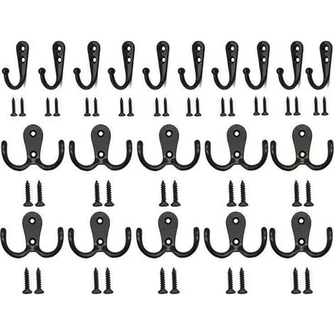 Crochet Murale - Crochet Métallique Noir - Pour Murs et Planches en Bois - Charge Max 13,6 kg - Lot de 20 (10 x Simple + 10 x Double) (1/5)