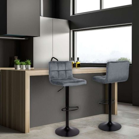 Taburete regulable con asiento de terciopelo gris y base de metal negro mate - Mosva (1/5)