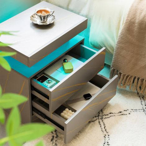 Table de chevet LED (lot de 2) – Table de nuit moderne pour chambre à coucher avec éclairage et deux tiroirs (gris et doré) (1/5)