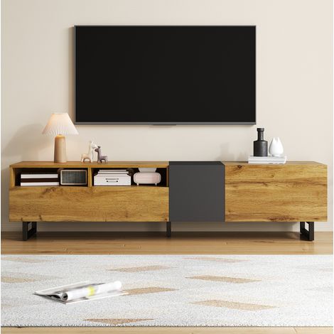 Mueble TV 170 x 36,5 x 42 cm gris oscuro y natural, 3 puertas y 2 huecos (1/5)