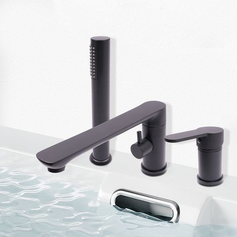 Mitigeur de baignoire, robinet de baignoire avec douchette à main – noir, 2 sorties d'eau, poignées pour l'eau froide et l'eau chaude (1/5)