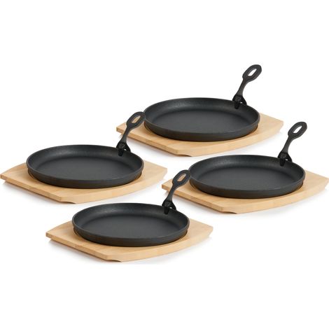 BBQ-Toro Set di 4 padelline in ghisa con tagliere in legno  Ø 22 cm - rotonde  nero - preseasoned (1/5)