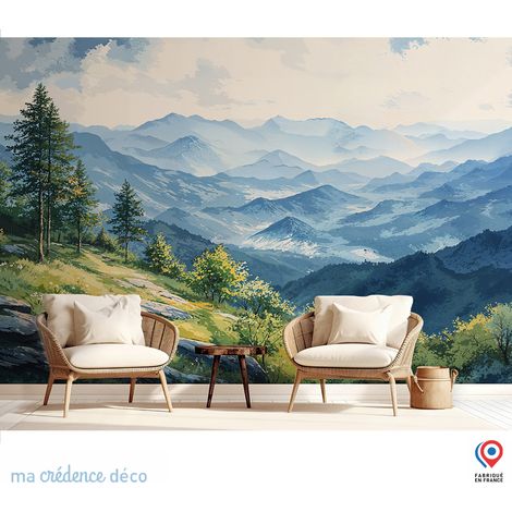 Papier peint : Arbres et montagnes lointaines, Aquarelle - Intissé - 300 cm - 280 cm (1/5)