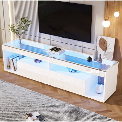 Mueble TV blanco lacado 180 x 40 x 46,5 cm con LED, 2 cajones y cristal HAVRYA (1/5)