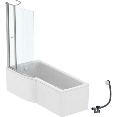 Conjunto de bañera/ducha IDEAL STANDARD Connect Air de 170 x 80 cm, para instalación a la izquierda, que incluye delantal, mampara con tapa y desagüe. Color blanco.